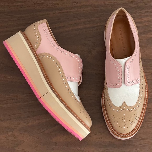 Robert Clergerie Paris BASEL Oxfords size 39.5/9 Pink/Tan Platform Wing-Tip - Picture 1 of 13